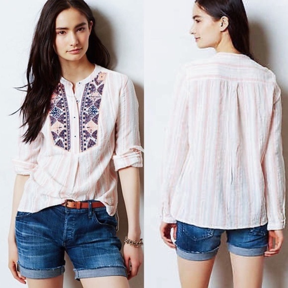 Holding Horses • Anthro Mesa Peasant Top blouse popover embroidered cotton gauze - Picture 2 of 12